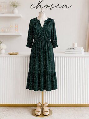 Evergreen Polka Dot Midi Dress Smocked Sleeve Tiered Dress